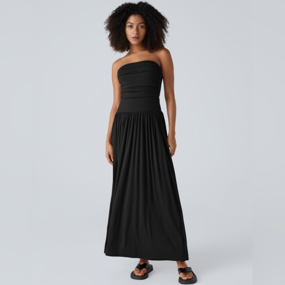 Ribbed Tube Backless Ruched Side Pocket Flowy Maxi Casual Dress